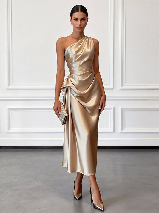 Ellie | Women's Ruched One Shoulder Satin Party Dress
