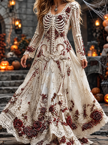 Women's Halloween Skeleton Print Maxi Dress