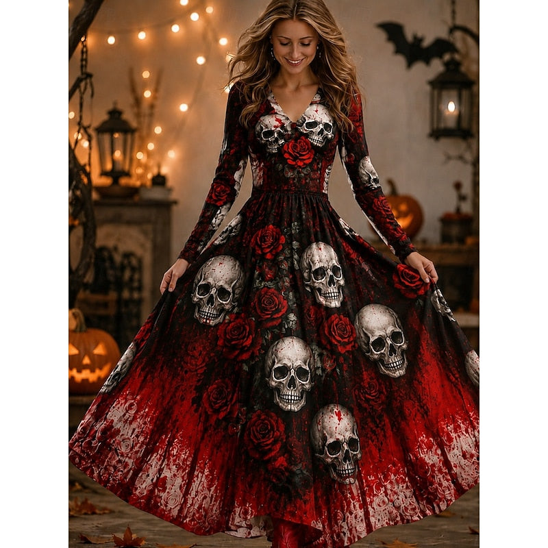 Brooke | Women's Halloween Long Sleeve Skeleton Print Maxi Dress