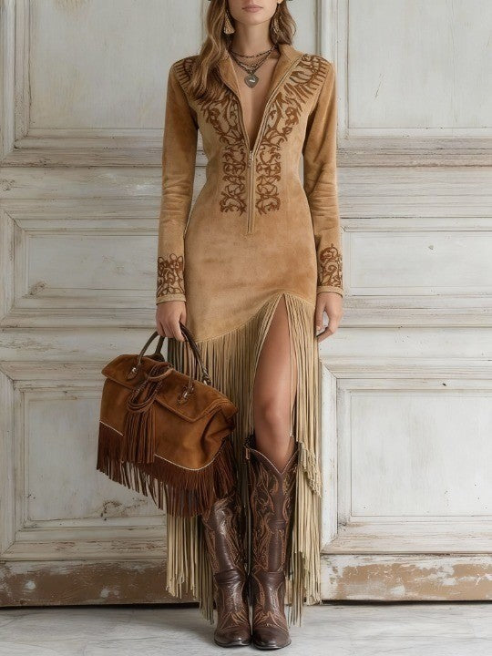 Malaya | Women’s Elegant Fringe Hem Maxi Dress