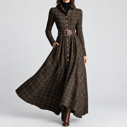 Julie | Women's Belted Checkered Longsleeve Shirt Dress