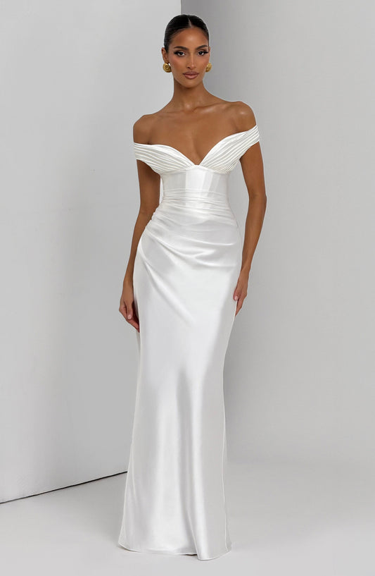 Michelle | Women's Elegant Satin Bardot Maxi Dress