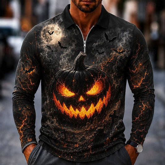 Ethan | Men's Halloween Quarter Zip Long-Sleeve Polo Shirt with Graphic Print