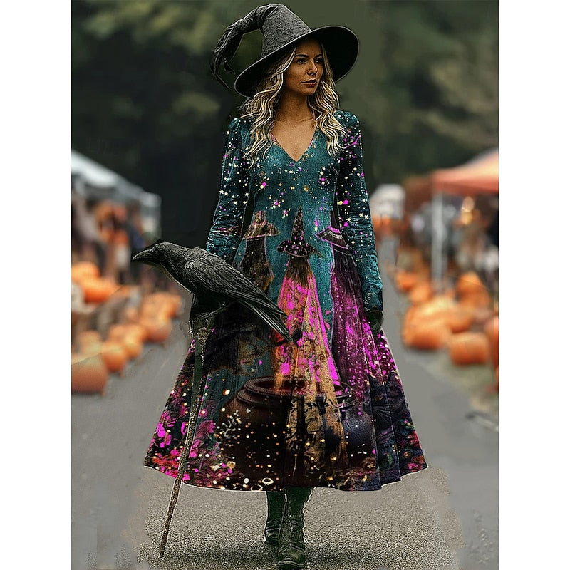 Tara | Women's Halloween Witch Print A-Line Maxi Dress