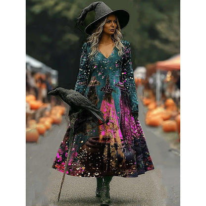 Tara | Women's Halloween Witch Print A-Line Maxi Dress