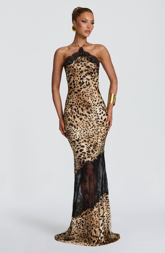 Rosie | Women's Leopard Satin Flare Maxi Party Dress