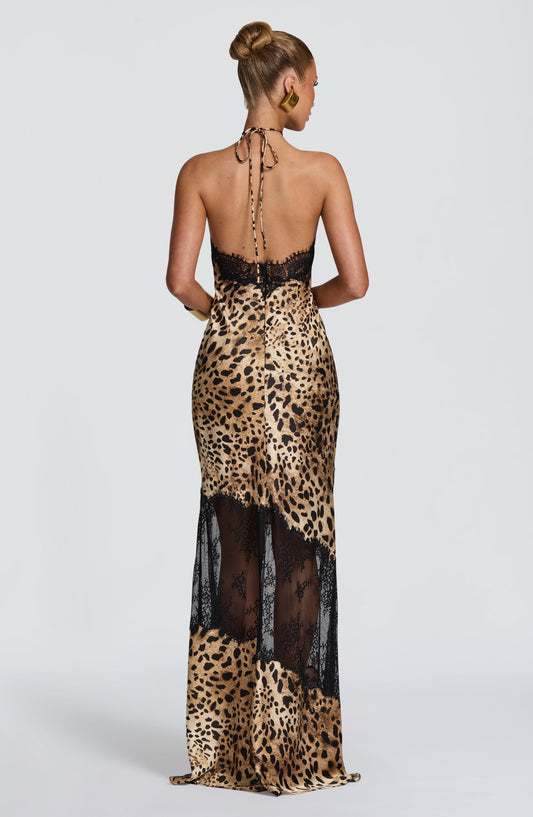 Rosie | Women's Leopard Satin Flare Maxi Party Dress