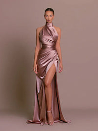 Samantha | Women's Halter High Slit Satin Maxi Evening Dress