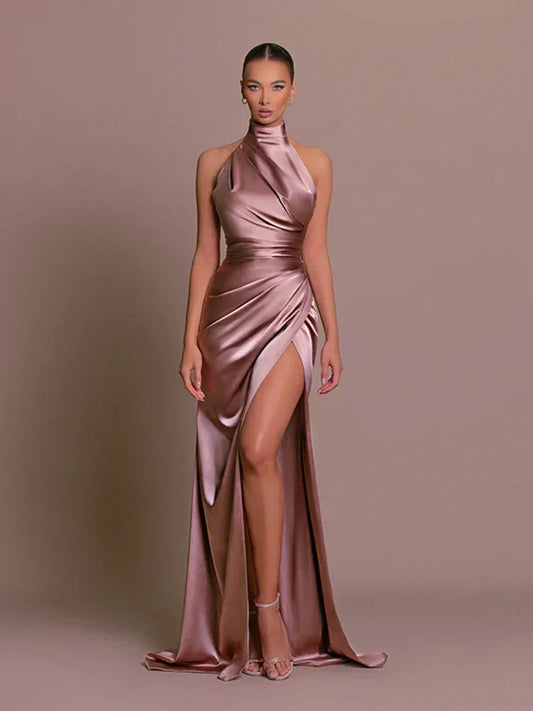 Samantha | Women's Halter High Slit Satin Maxi Evening Dress