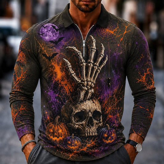 Ethan | Men's Halloween Quarter Zip Long-Sleeve Polo Shirt with Graphic Print