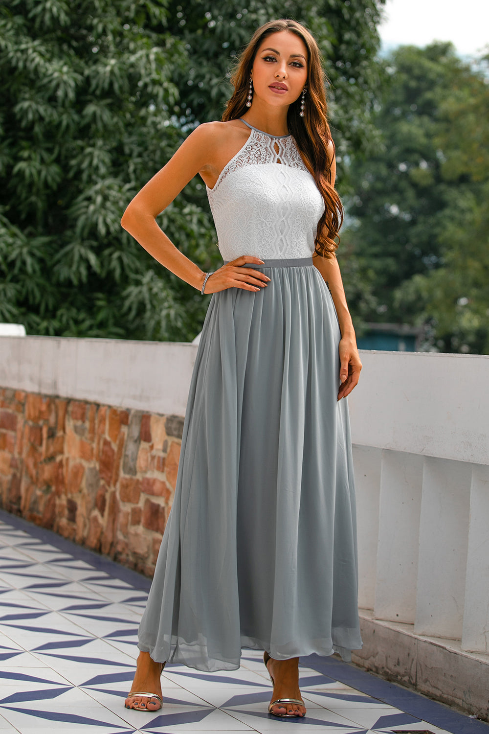 Celine | Women’s Halter Neck Lace Wedding Guest Maxi Dress