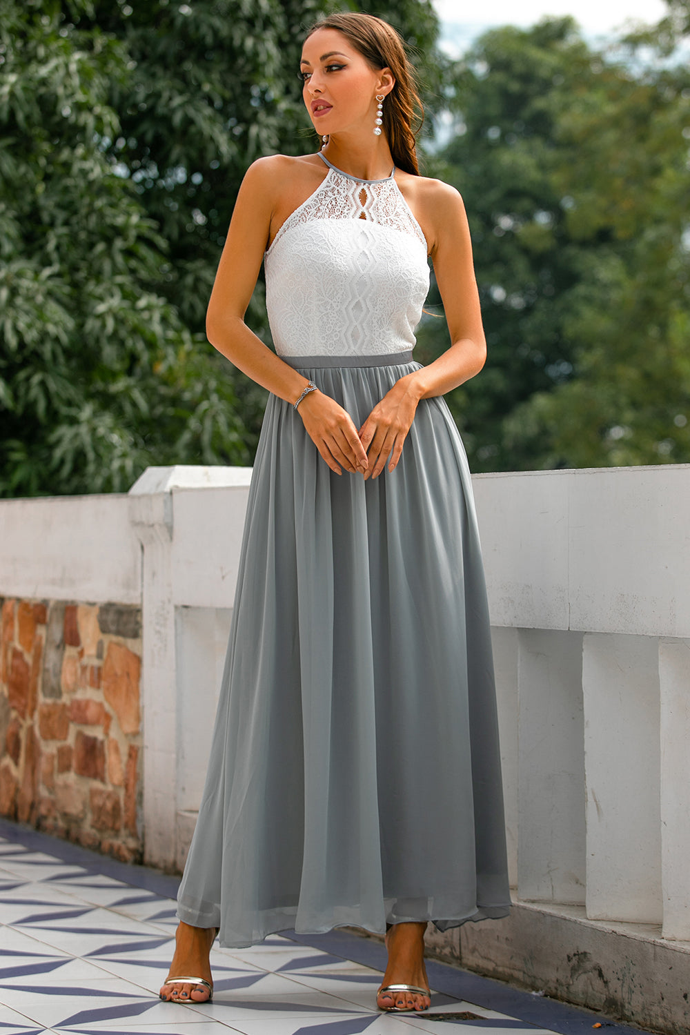 Celine | Women’s Halter Neck Lace Wedding Guest Maxi Dress