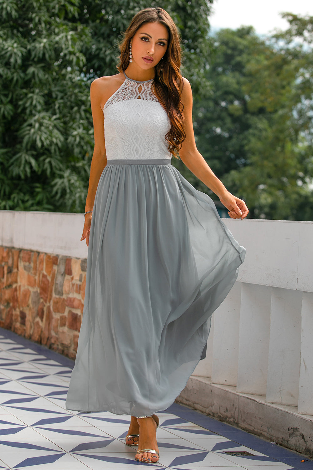 Celine | Women’s Halter Neck Lace Wedding Guest Maxi Dress