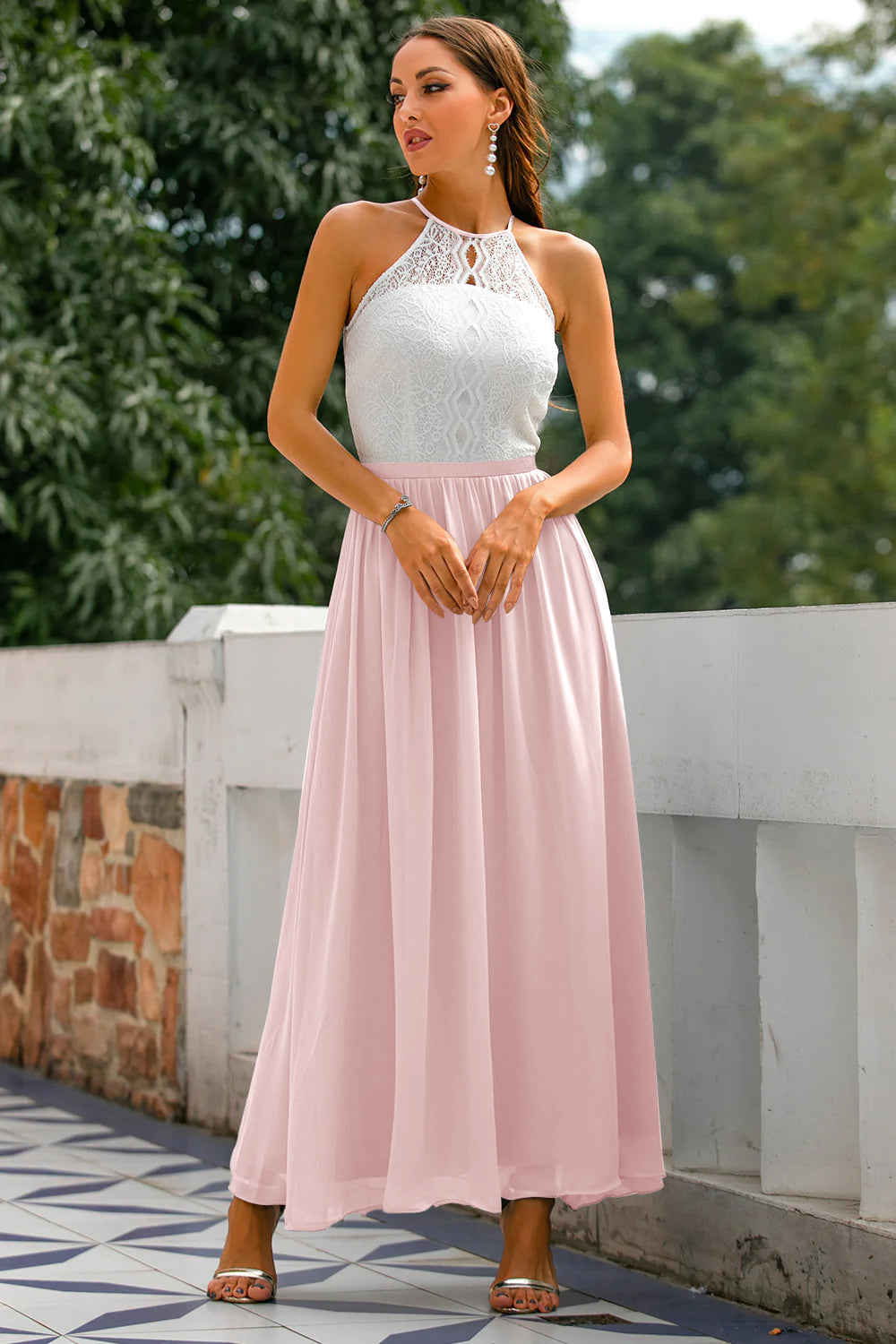 Celine | Women’s Halter Neck Lace Wedding Guest Maxi Dress