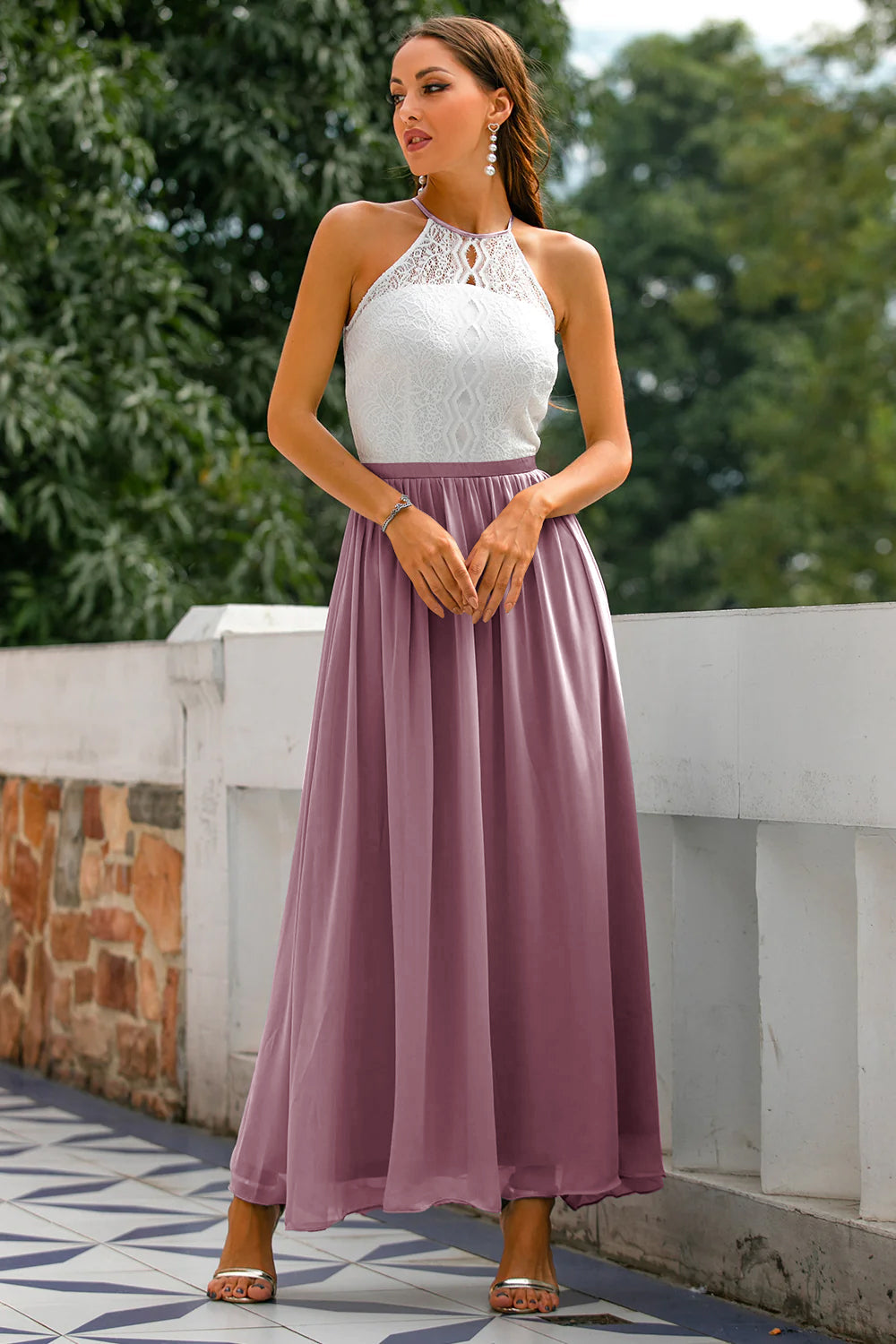 Celine | Women’s Halter Neck Lace Wedding Guest Maxi Dress