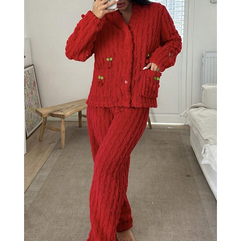 Teagan | Women's Cozy Ruffle-Trim Cherry Two-Piece Pyjama Set
