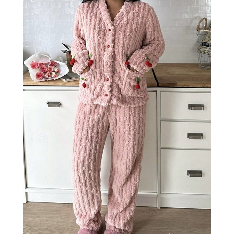 Teagan | Women's Cozy Ruffle-Trim Cherry Two-Piece Pyjama Set
