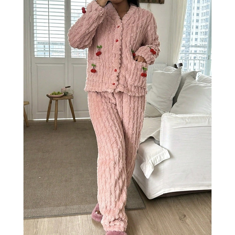 Teagan | Women's Cozy Ruffle-Trim Cherry Two-Piece Pyjama Set