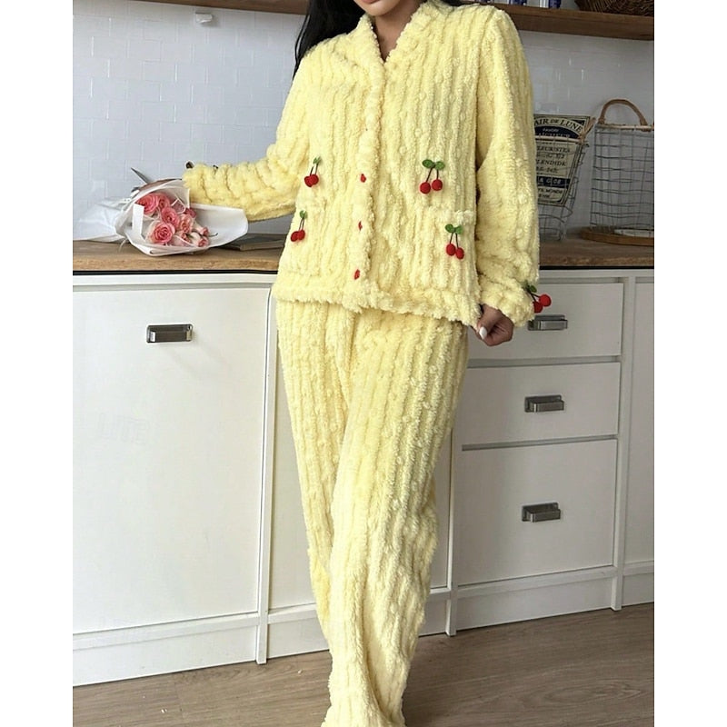 Teagan | Women's Cozy Ruffle-Trim Cherry Two-Piece Pyjama Set