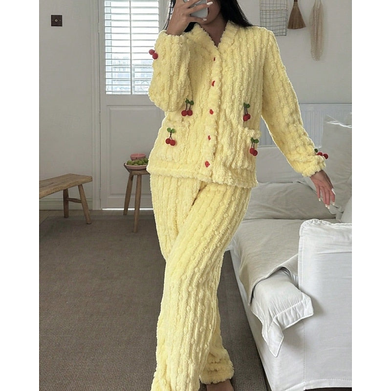 Teagan | Women's Cozy Ruffle-Trim Cherry Two-Piece Pyjama Set