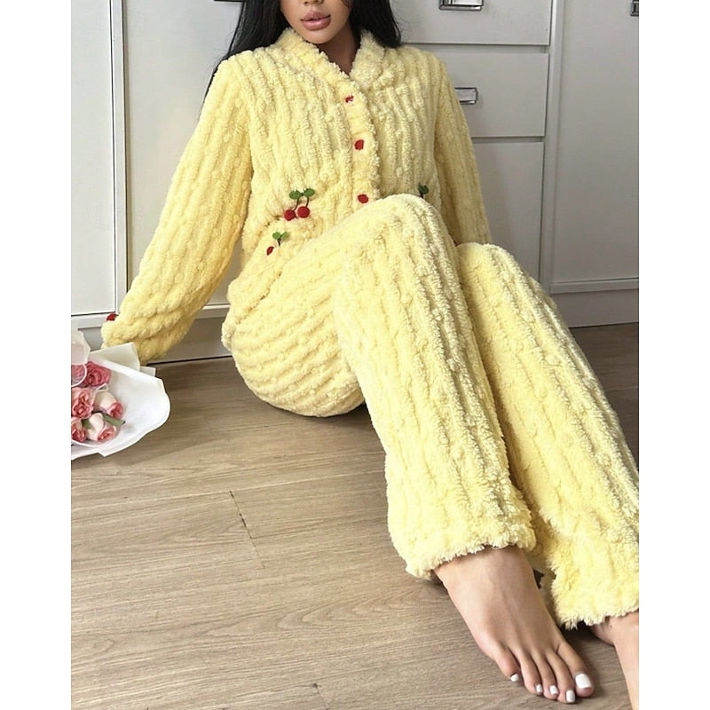 Teagan | Women's Cozy Ruffle-Trim Cherry Two-Piece Pyjama Set