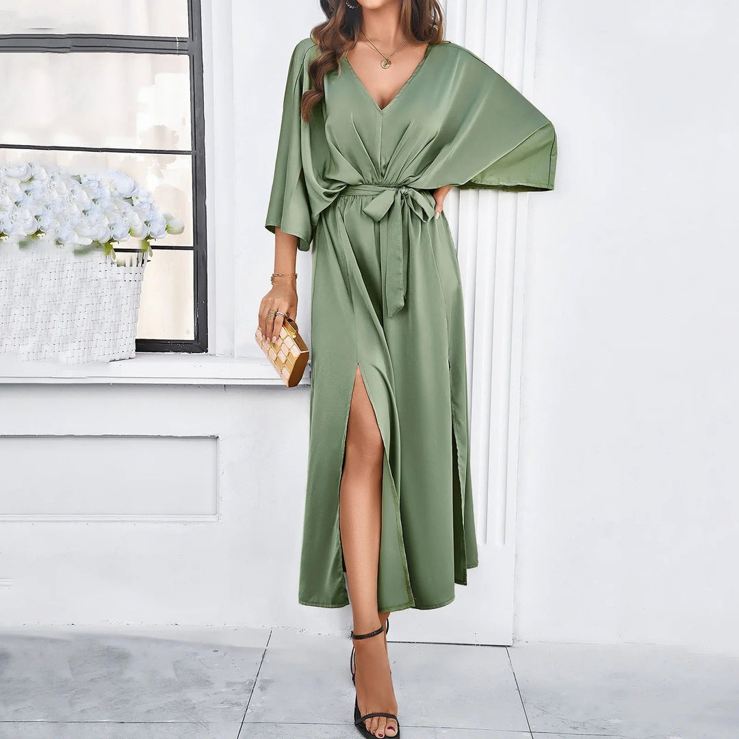 Andrea | Women's Elegant Satin Wrap Dress with Side Slit