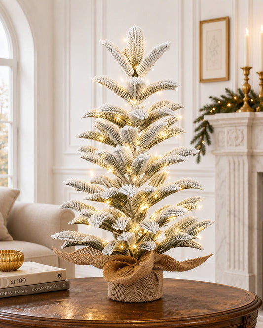 White Christmas Tree with Warm Lights and Burlap Base