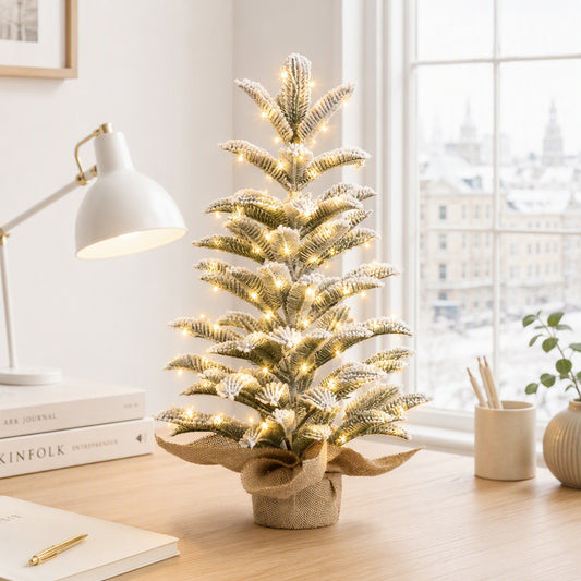 White Christmas Tree with Warm Lights and Burlap Base