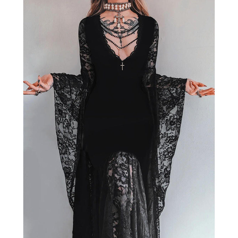 Women's Halloween Gothic Lace Maxi Dress with Bell Sleeves