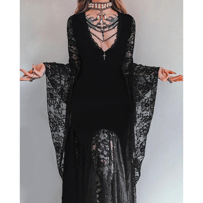 Women's Halloween Gothic Lace Maxi Dress with Bell Sleeves