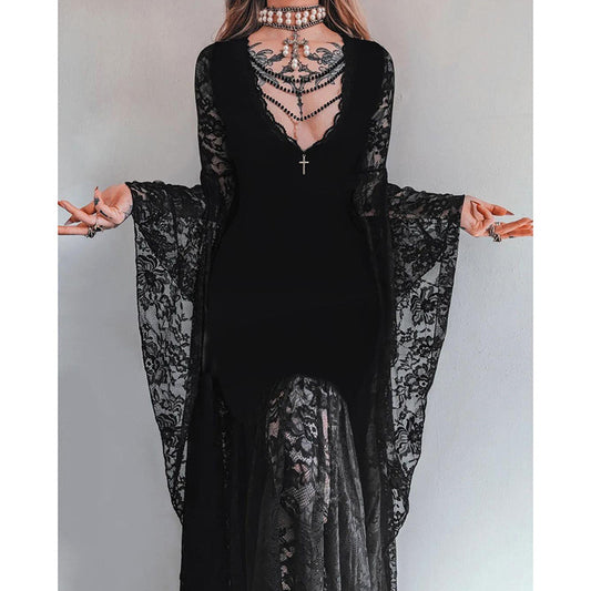 Women's Halloween Gothic Lace Maxi Dress with Bell Sleeves