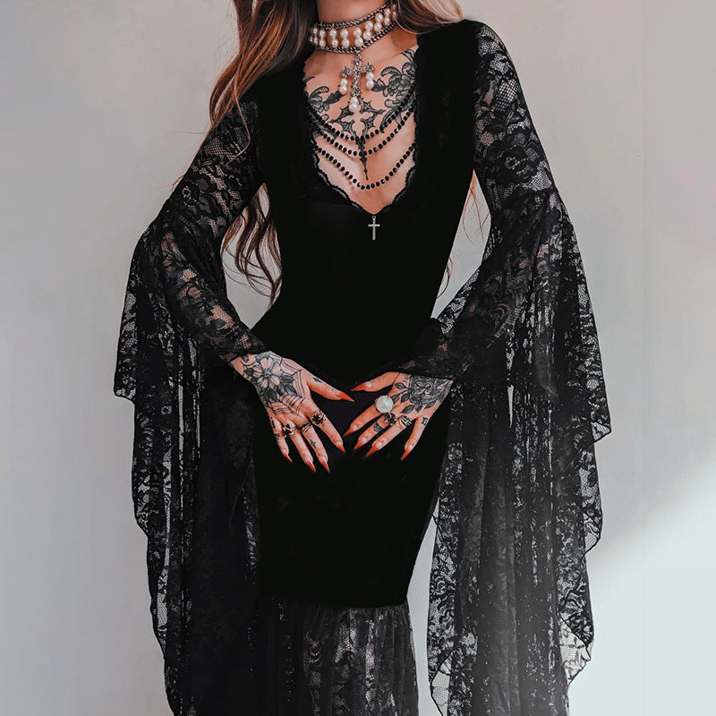 Women's Halloween Gothic Lace Maxi Dress with Bell Sleeves