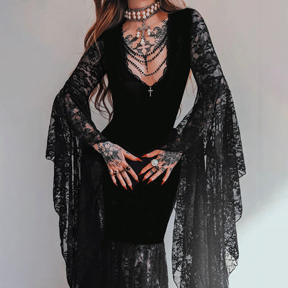 Women's Halloween Gothic Lace Maxi Dress with Bell Sleeves