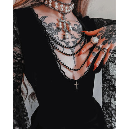 Women's Halloween Gothic Lace Maxi Dress with Bell Sleeves