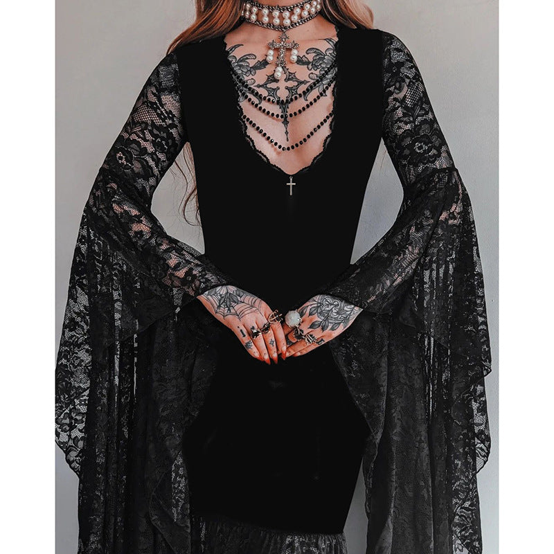 Women's Halloween Gothic Lace Maxi Dress with Bell Sleeves