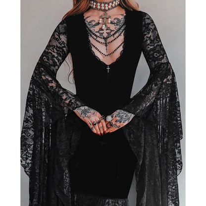 Women's Halloween Gothic Lace Maxi Dress with Bell Sleeves