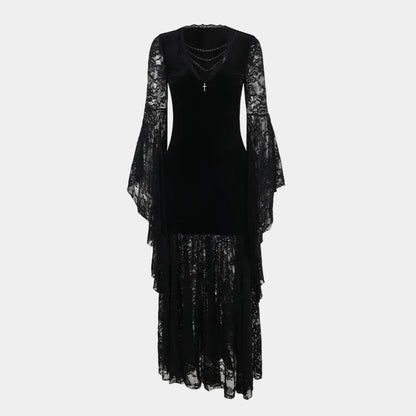 Women's Halloween Gothic Lace Maxi Dress with Bell Sleeves
