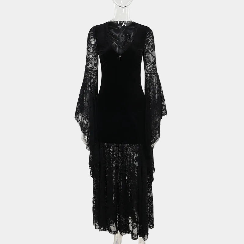 Women's Halloween Gothic Lace Maxi Dress with Bell Sleeves