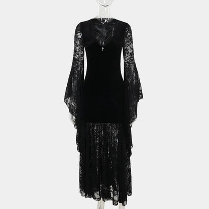 Women's Halloween Gothic Lace Maxi Dress with Bell Sleeves