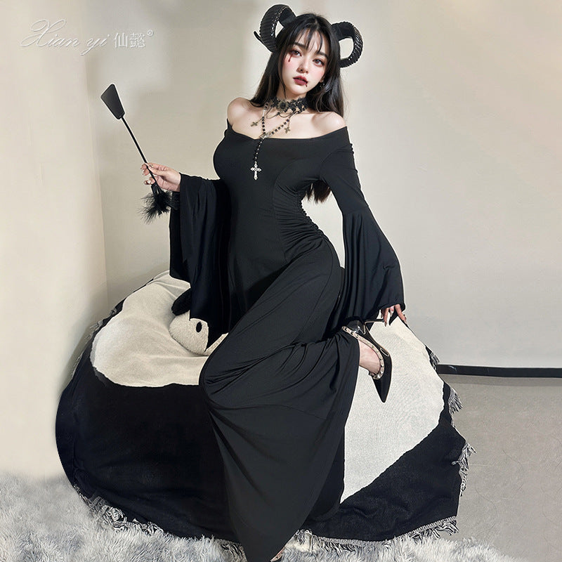 Women's Halloween Gothic Witch Dress with Bell Sleeves