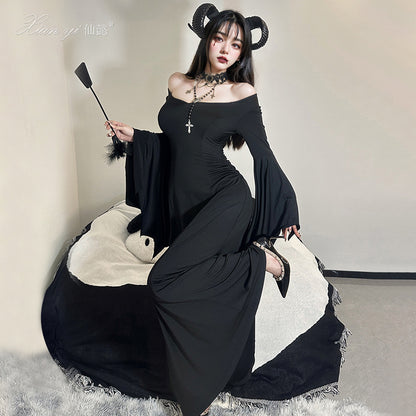 Women's Halloween Gothic Witch Dress with Bell Sleeves