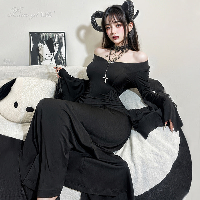 Women's Halloween Gothic Witch Dress with Bell Sleeves