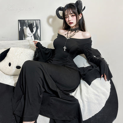 Women's Halloween Gothic Witch Dress with Bell Sleeves