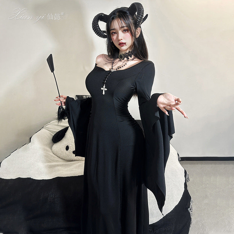 Women's Halloween Gothic Witch Dress with Bell Sleeves