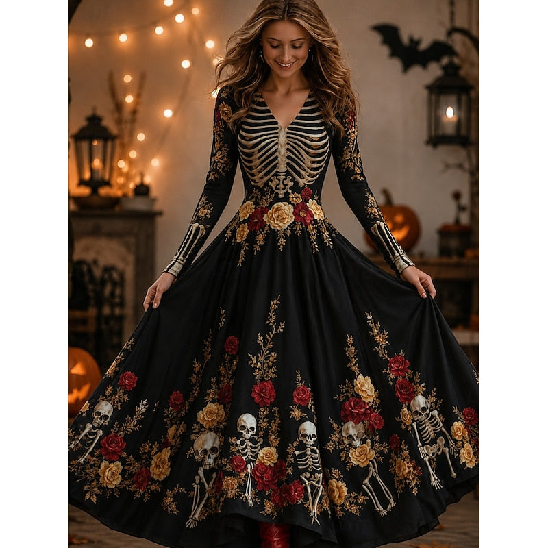 Brooke | Women's Halloween Long Sleeve Skeleton Print Maxi Dress